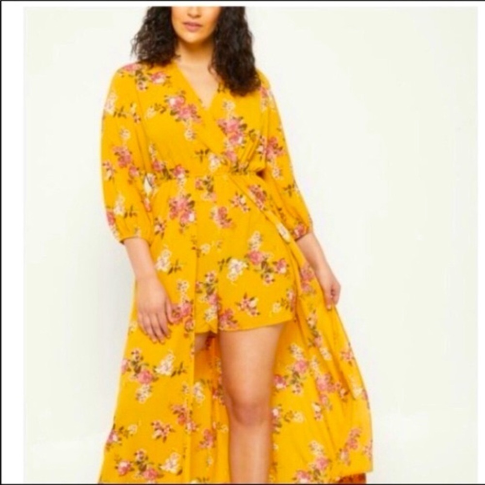 Rue21 Yellow and Pink Floral Jumpsuit Romper Walk Thru Maxi Length Size Large
